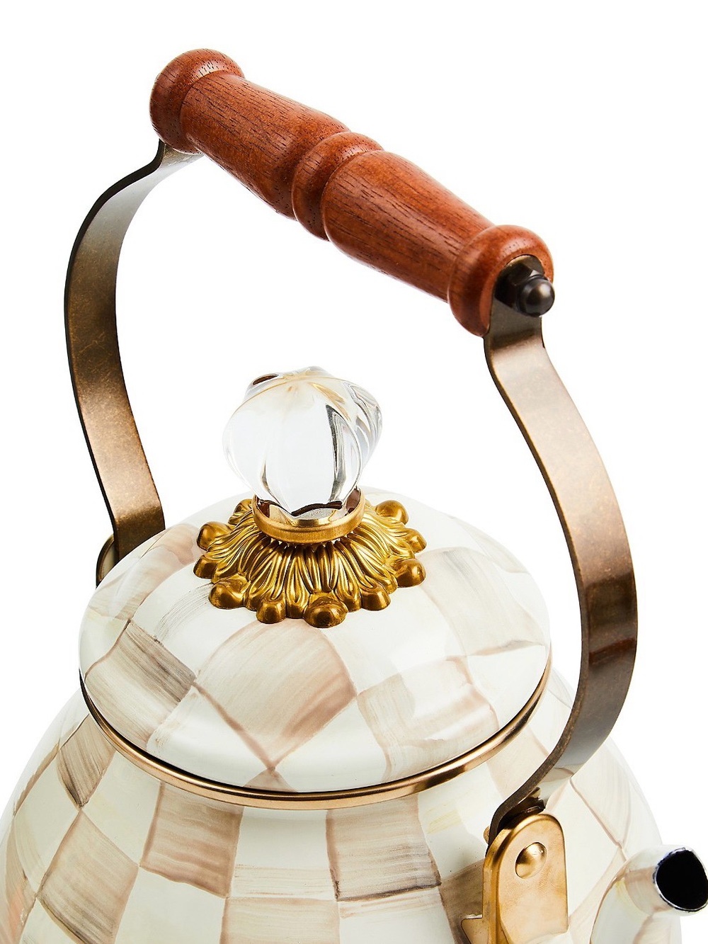 Classic Checkered Ceramic Teapot with Wood Handle - Mocha Check - Picture 2 of 5